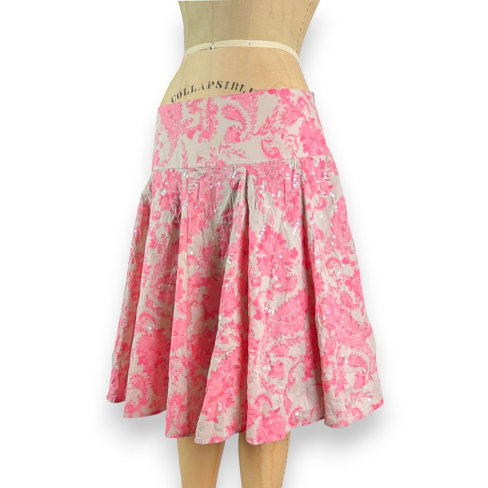 Y2K Sequin Pleated Skirt Floral Paisley Fairycore Cottagecore Boho Midi Size 4 S